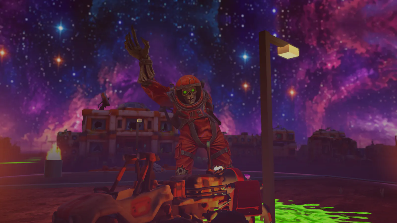 The Last Commander raising his arm in the Dead Colony's square under the night sky