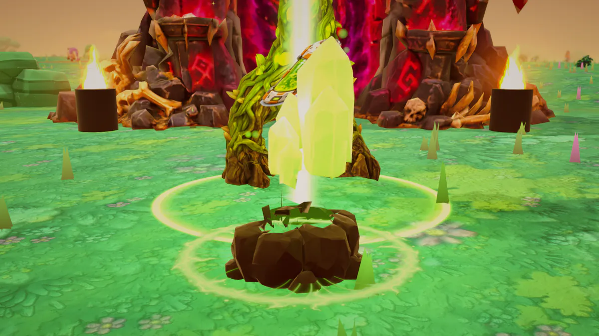A glowing boss stone left behind where the Spore Mother fell