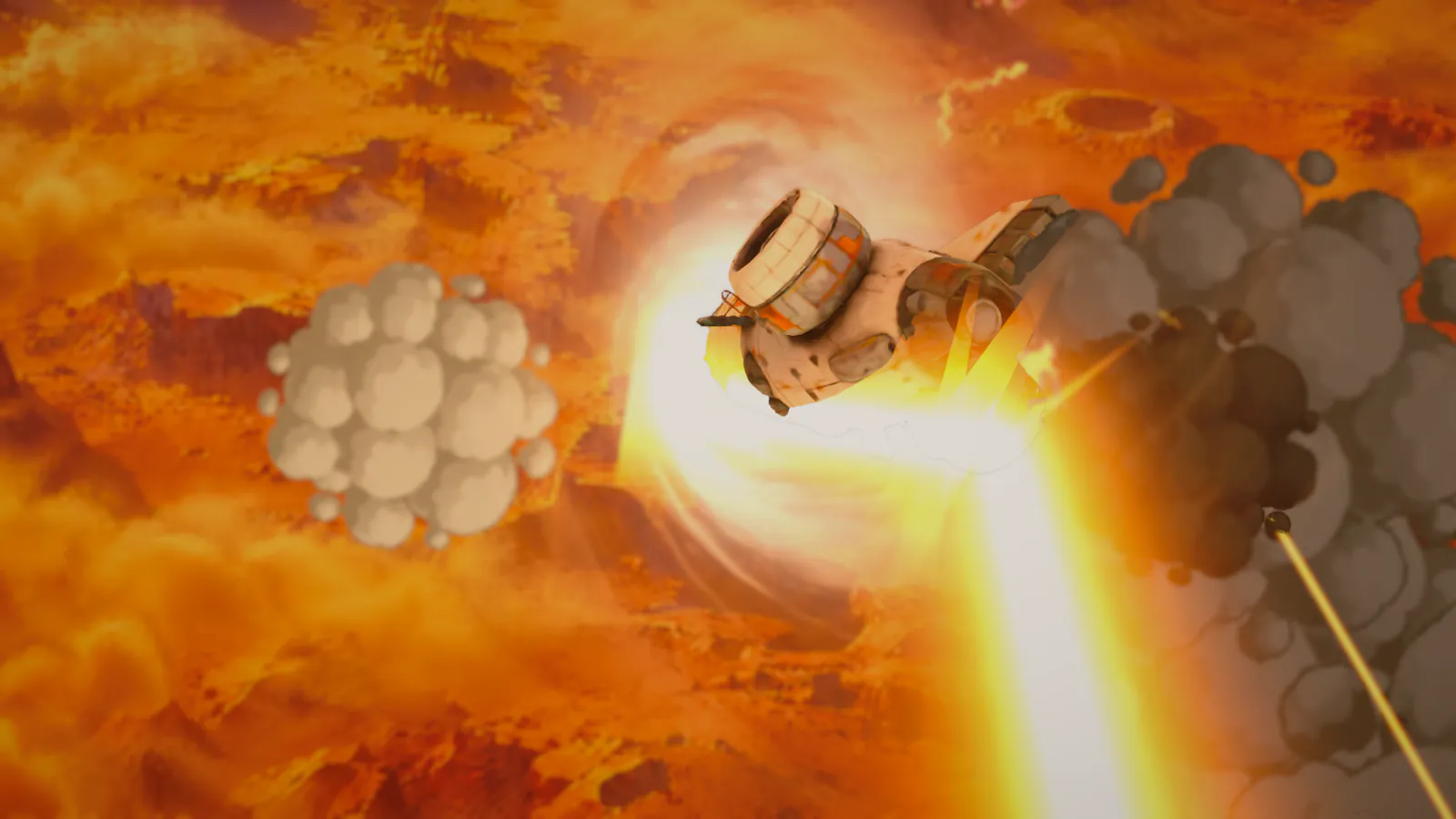 The burning ship falling through the Martian sky