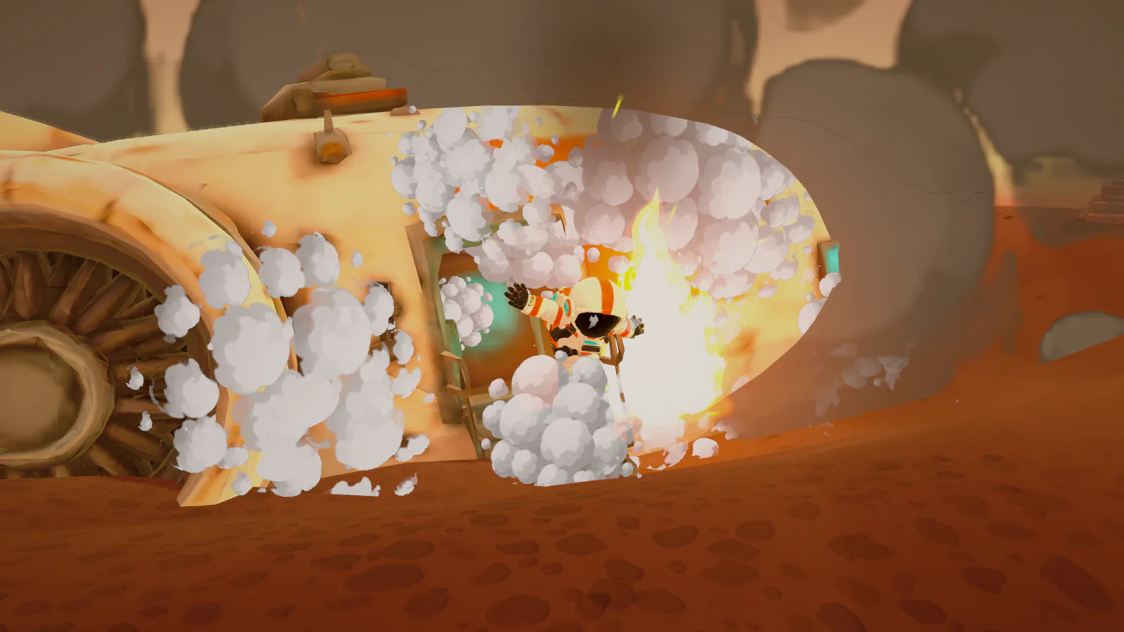 The astronaut jumping out of the wreck's hatch