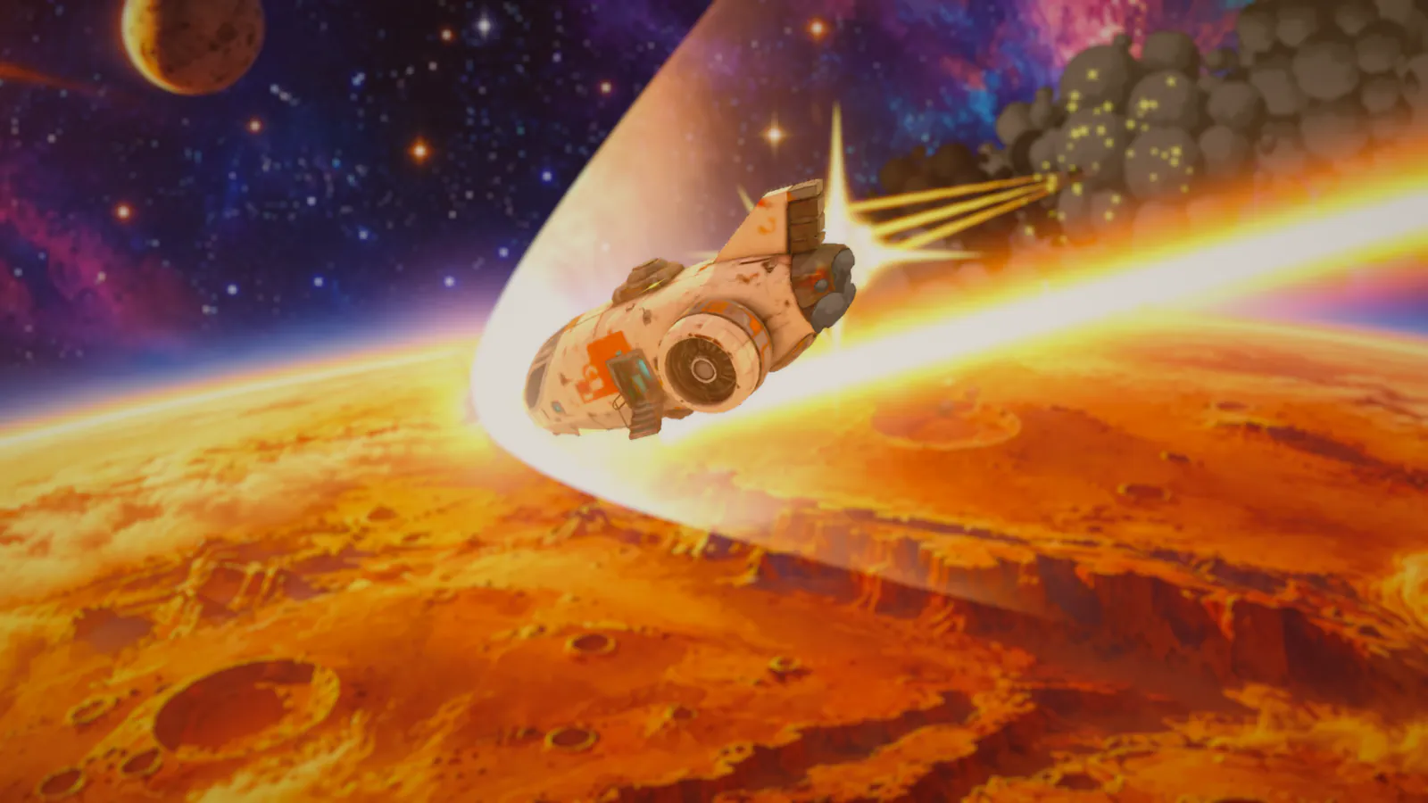 The Wayfarer bursting into flames above Mars