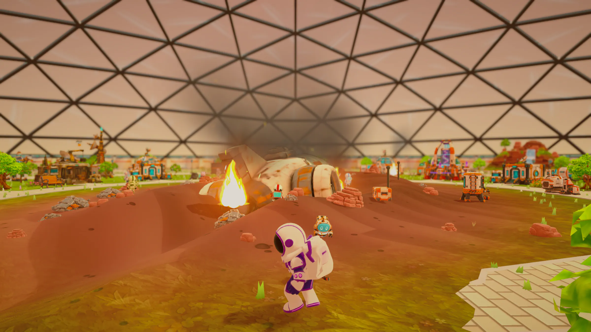 Inside the dome: the burning wreck of the Wayfarer in the village square
